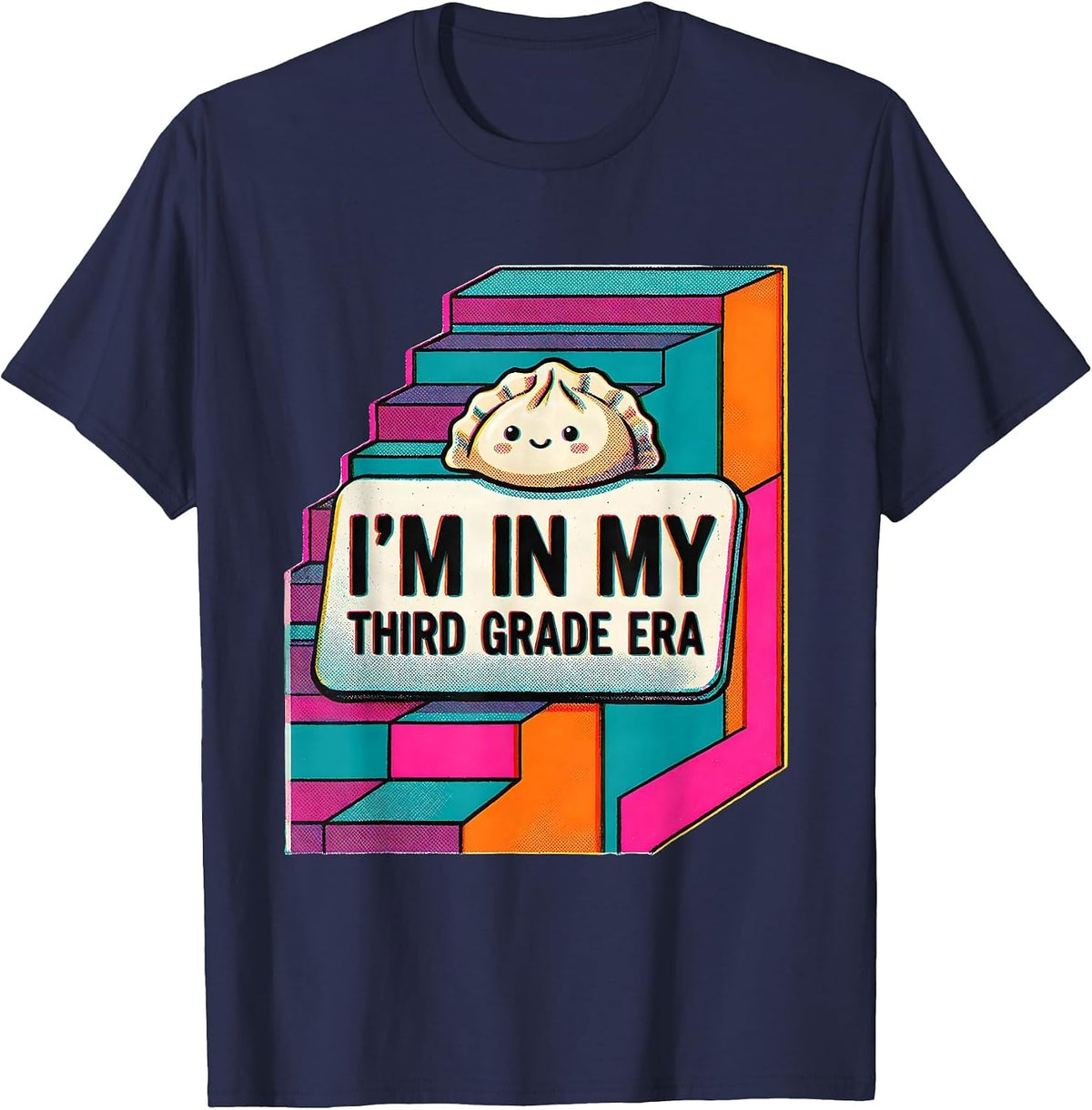 Men's I'm In My Third Grade Era Cute Kawaii Dumpling Back T-Shirt - Navy Blue