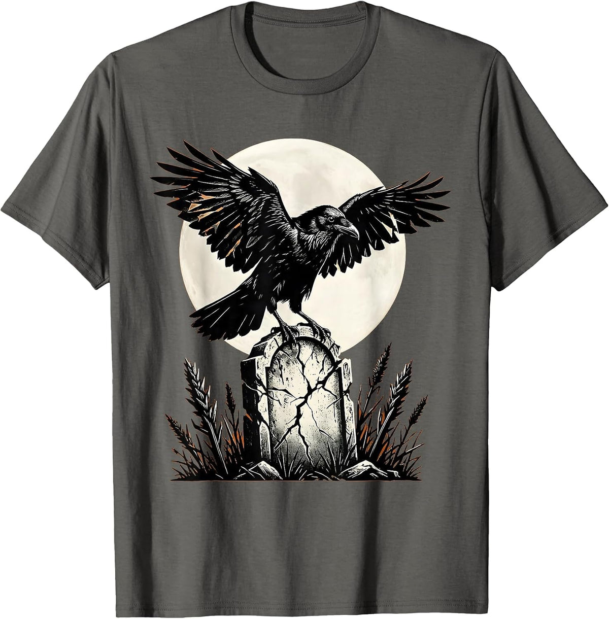 Raven on Gravestone Halloween Gothic Design T-Shirt - Asphalt Grey