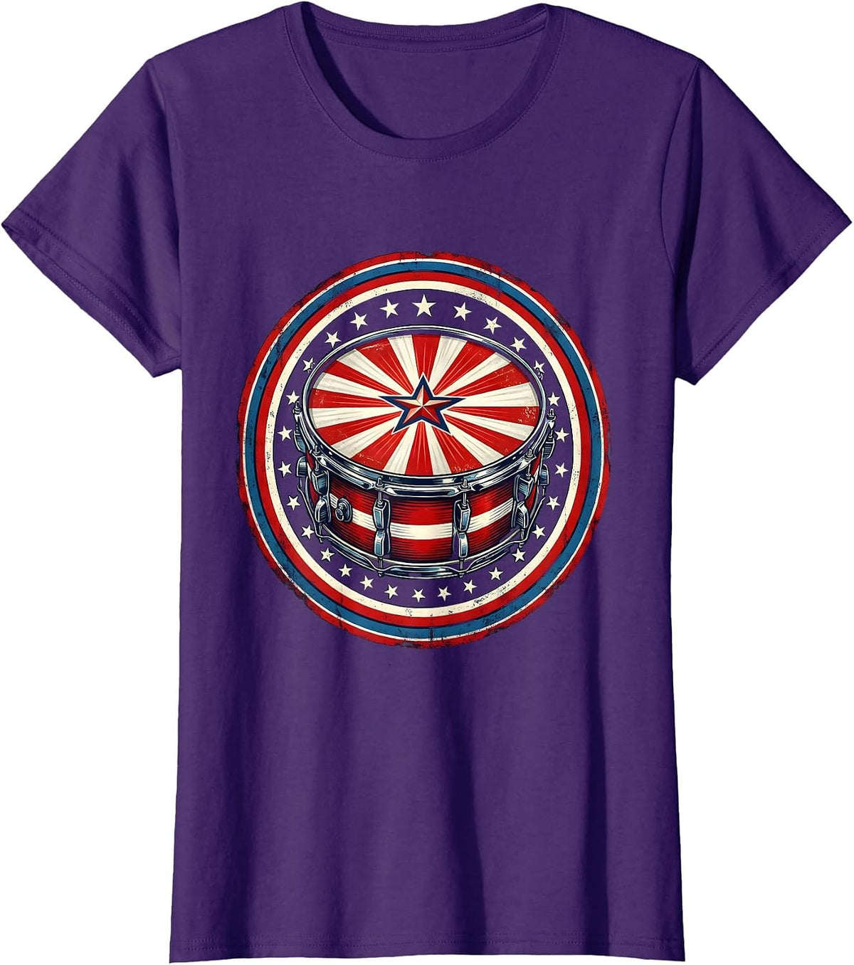 Women's Patriotic Drum Star-Burst Red White Blue Design T-Shirt - Purple