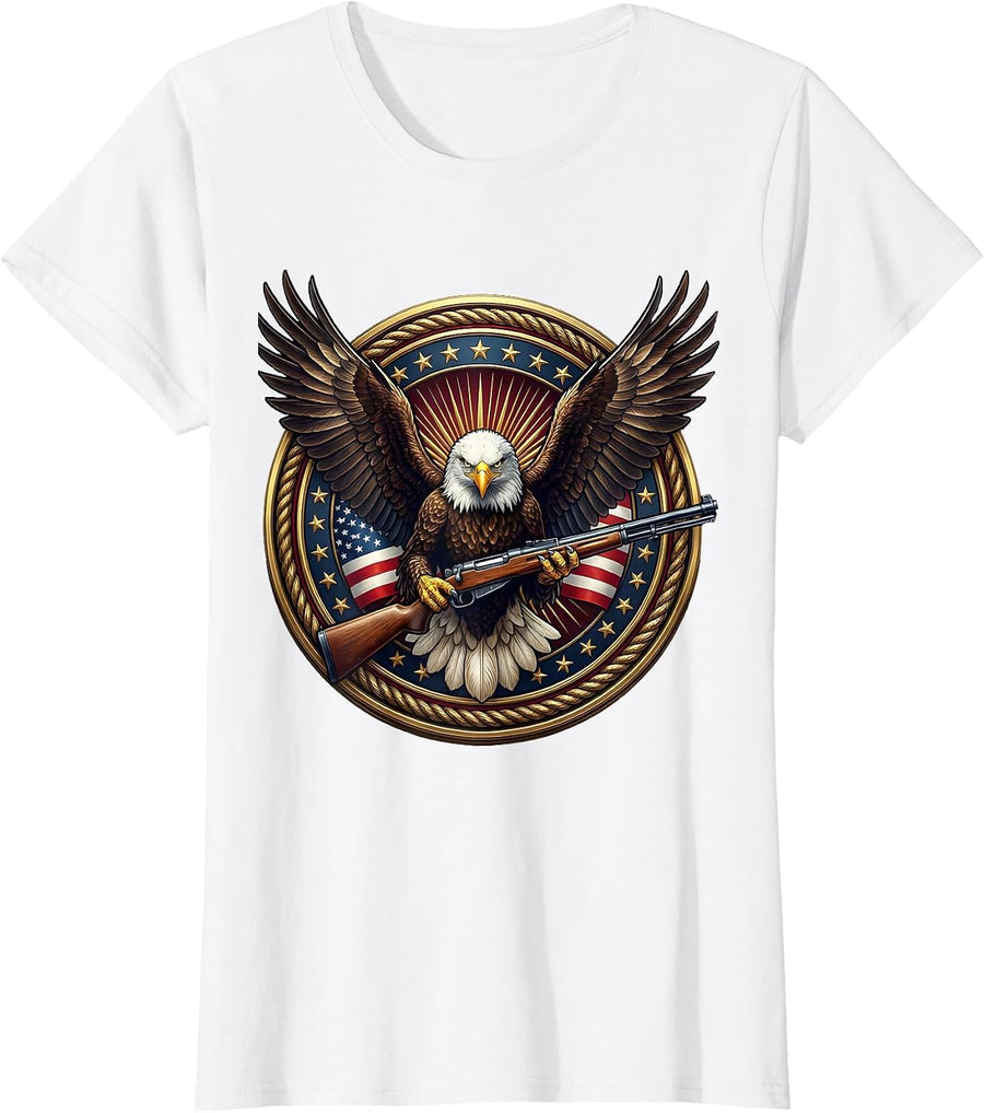 Women's Bald Eagle Clutching Rifle 2nd Amendment Graphic T-Shirt - White
