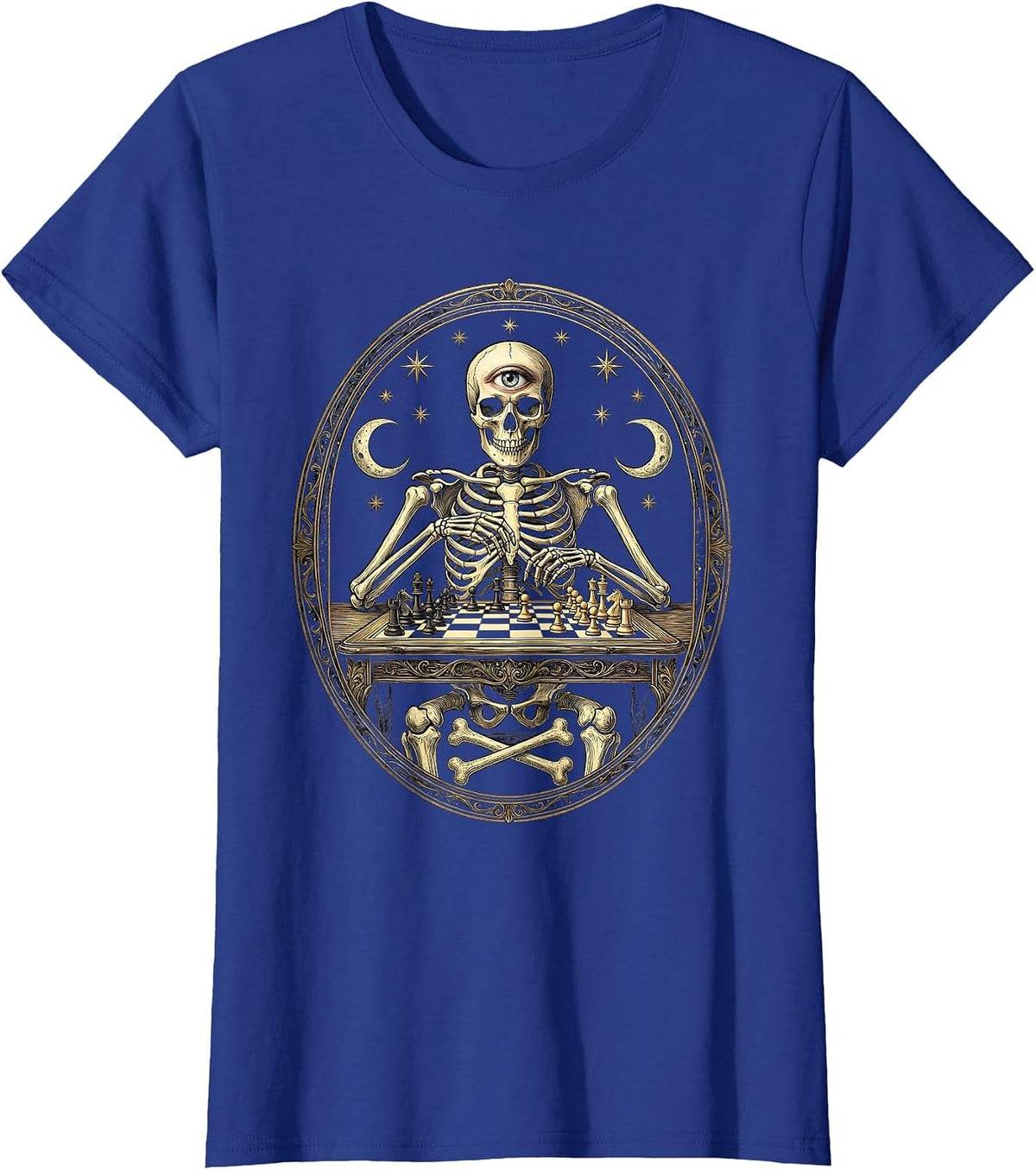 Women's Skeleton Chess Player Mid-Game Illustration T-Shirt - Royal Blue