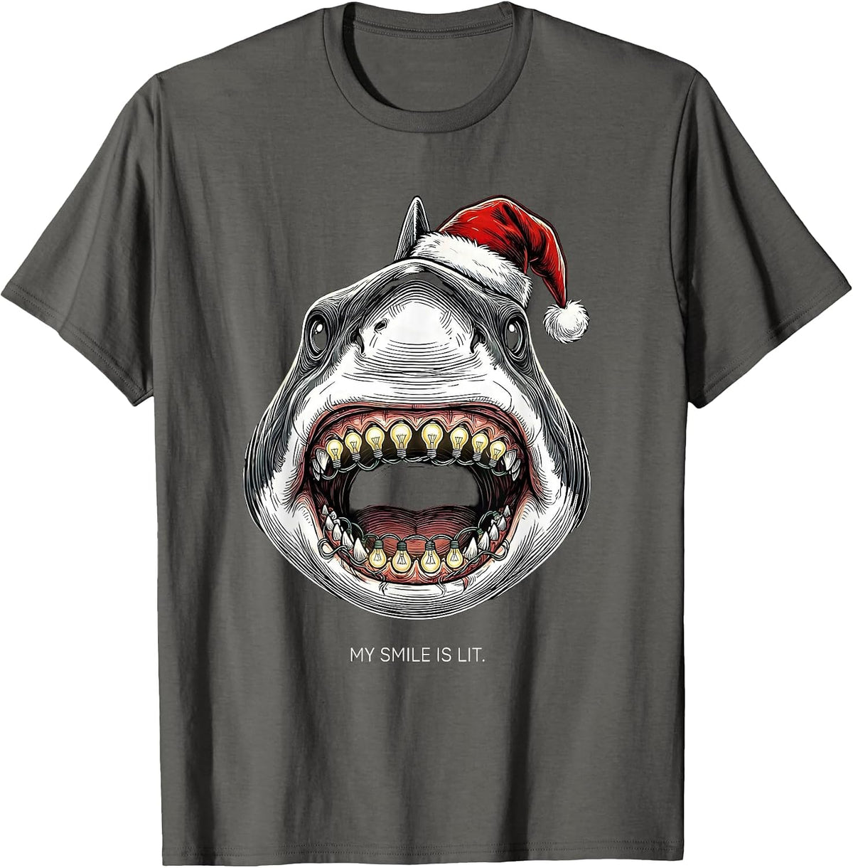 Men's My Smile Is Lit Funny Shark Santa Hat Christmas Lights Humor T-Shirt - Asphalt Grey