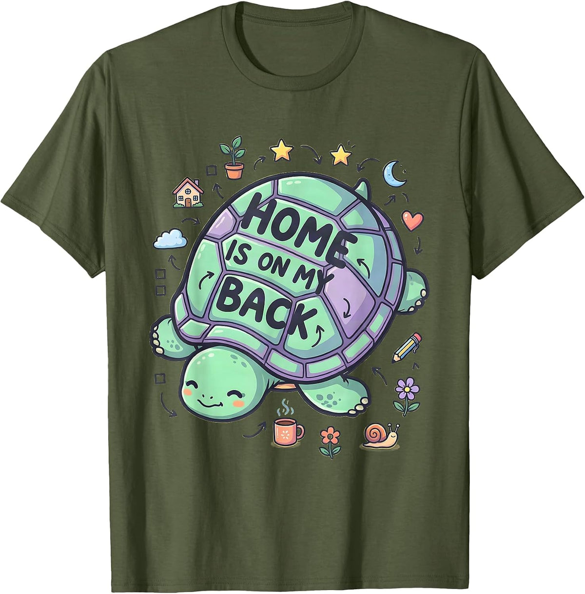 Home Is On My Back Turtle Nature Design T-Shirt - Olive Green