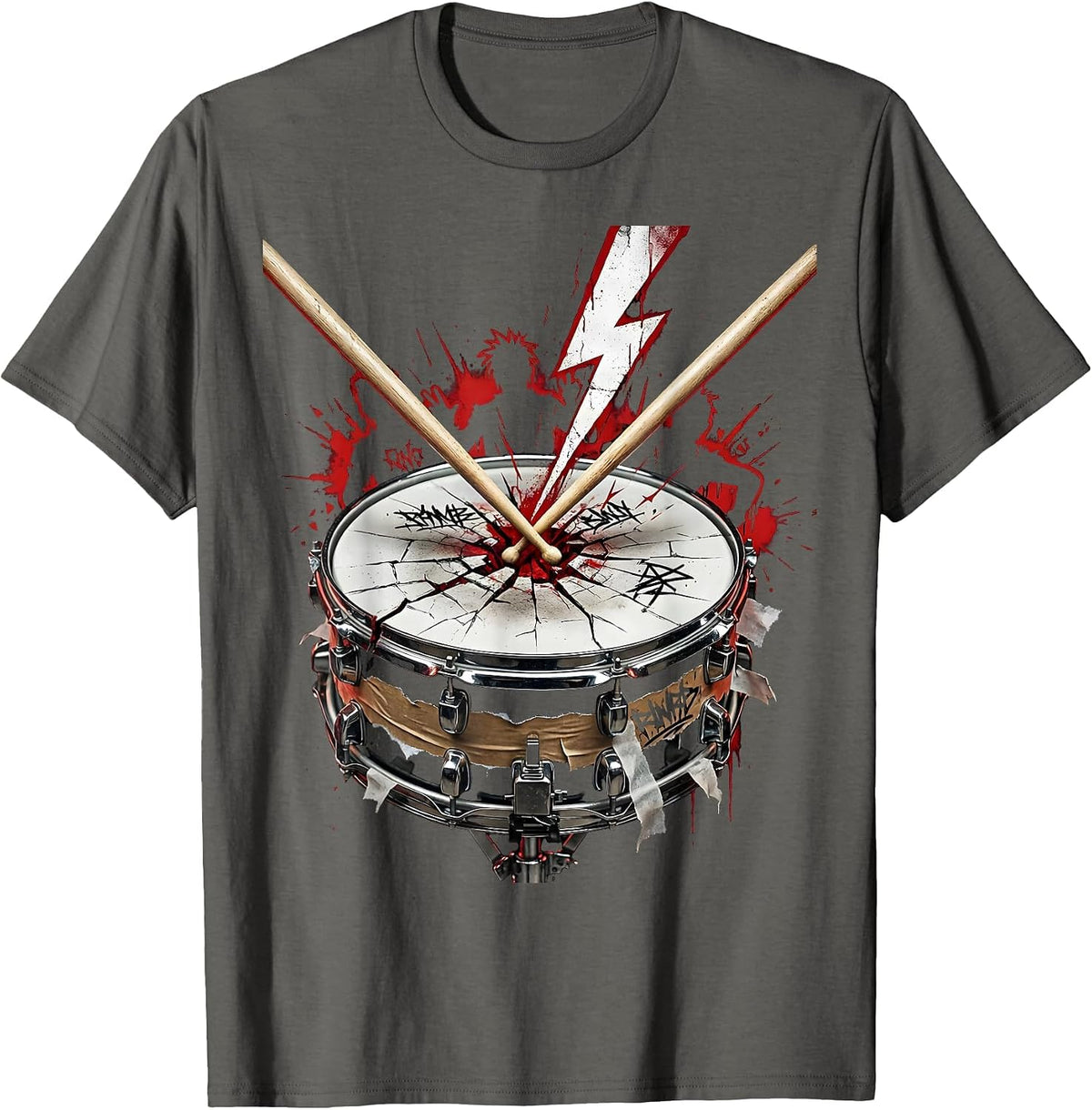 Crossed Drumsticks Cracked Snare Drum Band Graphic T-Shirt - Asphalt Grey