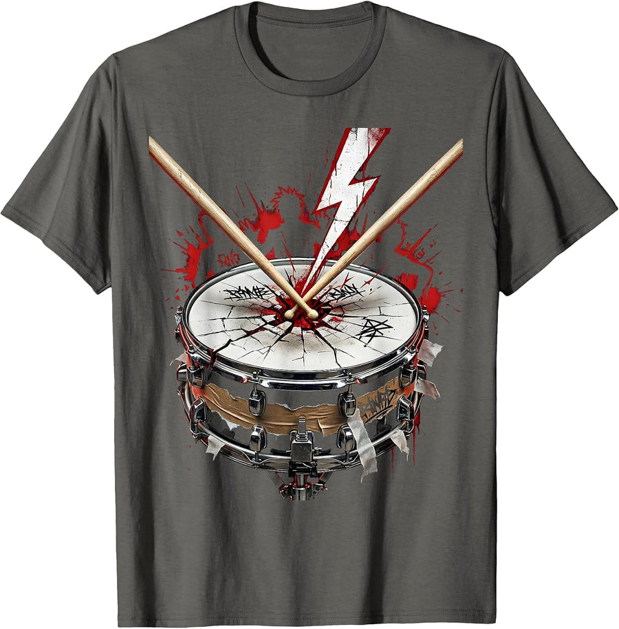 Crossed Drumsticks Cracked Snare Drum Band Graphic T-Shirt - Asphalt Grey