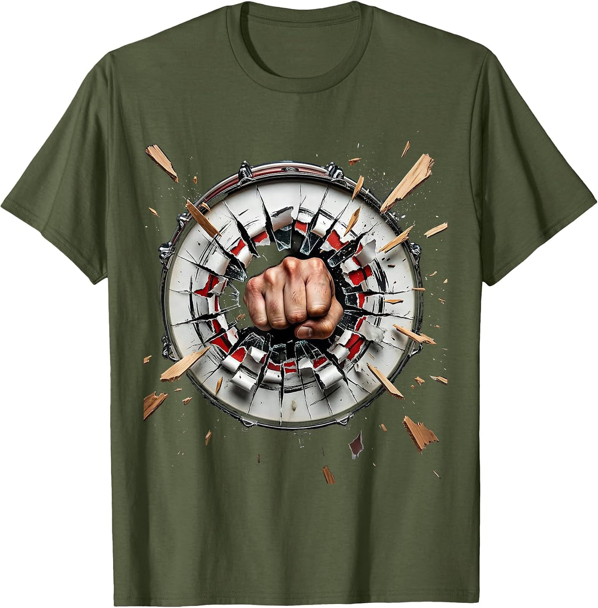 Men's Rock Fist Bass Drum Burst Graphic Tee T-Shirt - Olive Green