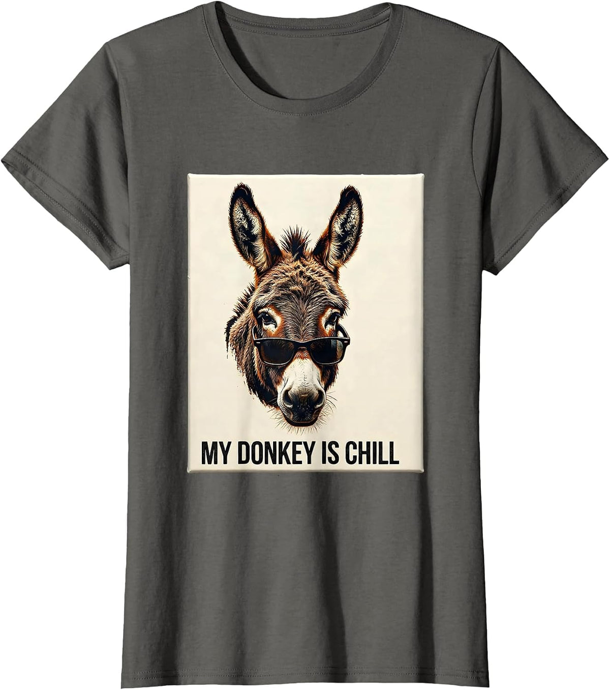 Women's My Donkey Is Chill Funny Animal Lover Rubber Stamp Humor T-Shirt - Asphalt Grey