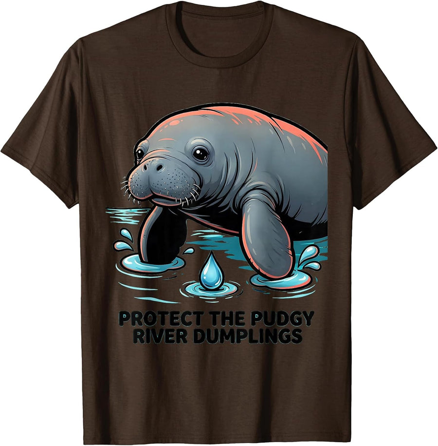 Men's Protect The Pudgy River Dumples Cartoon Manatee Lover Humor T-Shirt - Brown