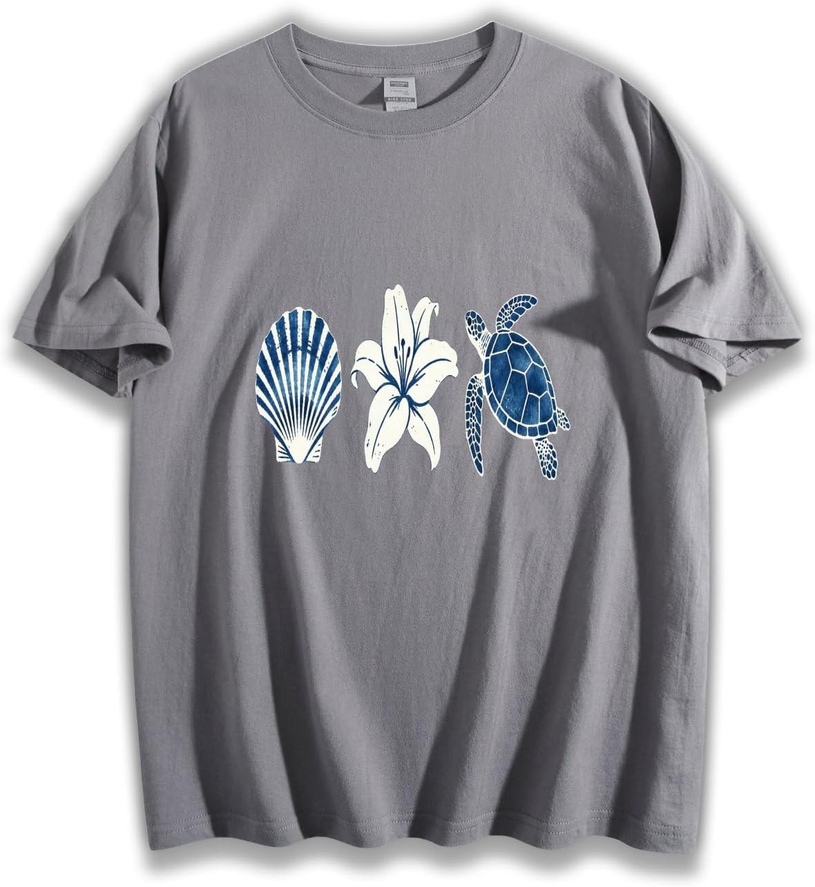 Coastal Sea Turtle Shell Lily Graphic T-Shirt, Beach Nature Inspired Casual Cotton Tee - Gray