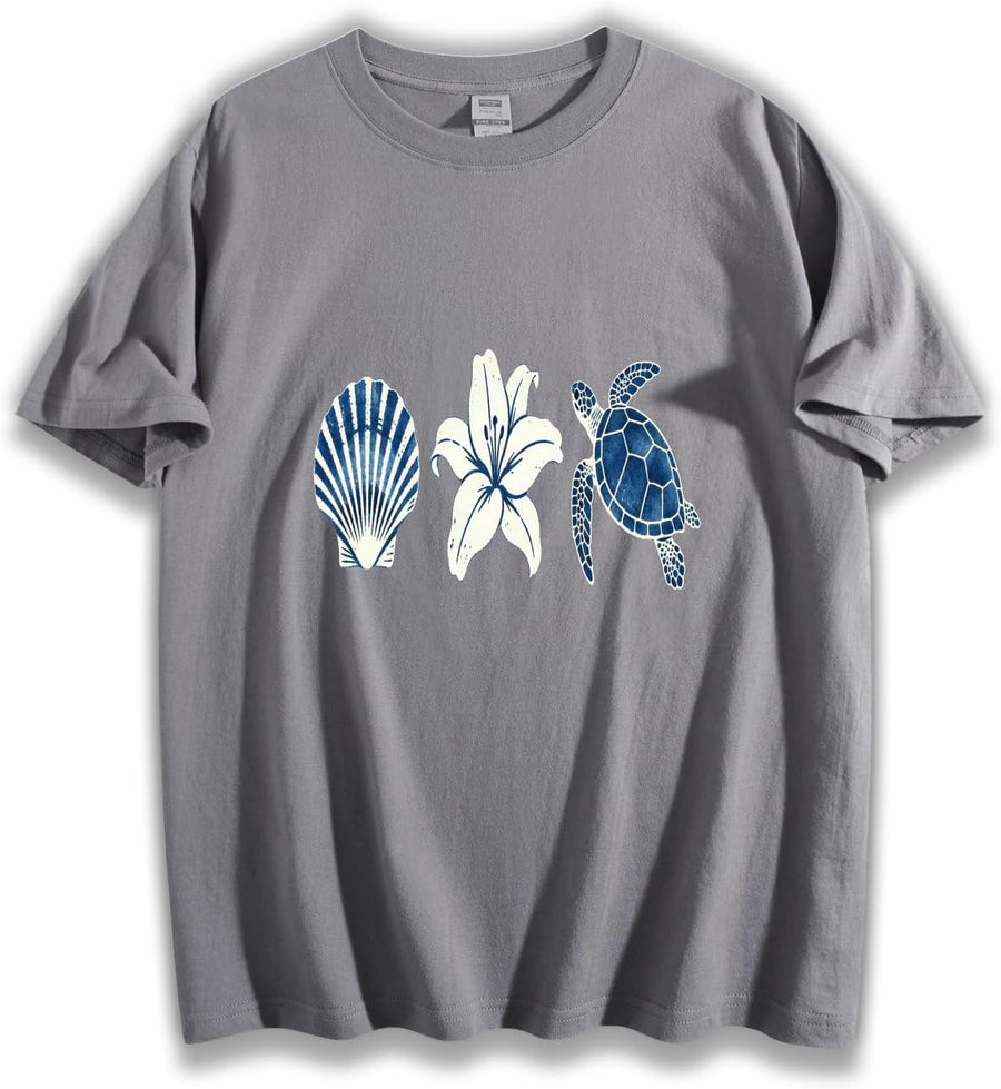 Coastal Sea Turtle Shell Lily Graphic T-Shirt, Beach Nature Inspired Casual Cotton Tee - Gray