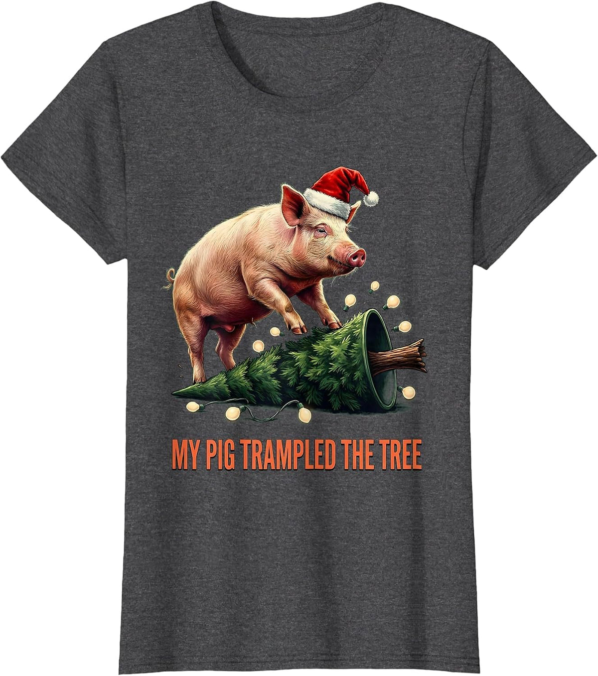 Women's My Pig Trampled The Tree Funny Animal Christmas Pajama T-Shirt - Dark Heather Grey