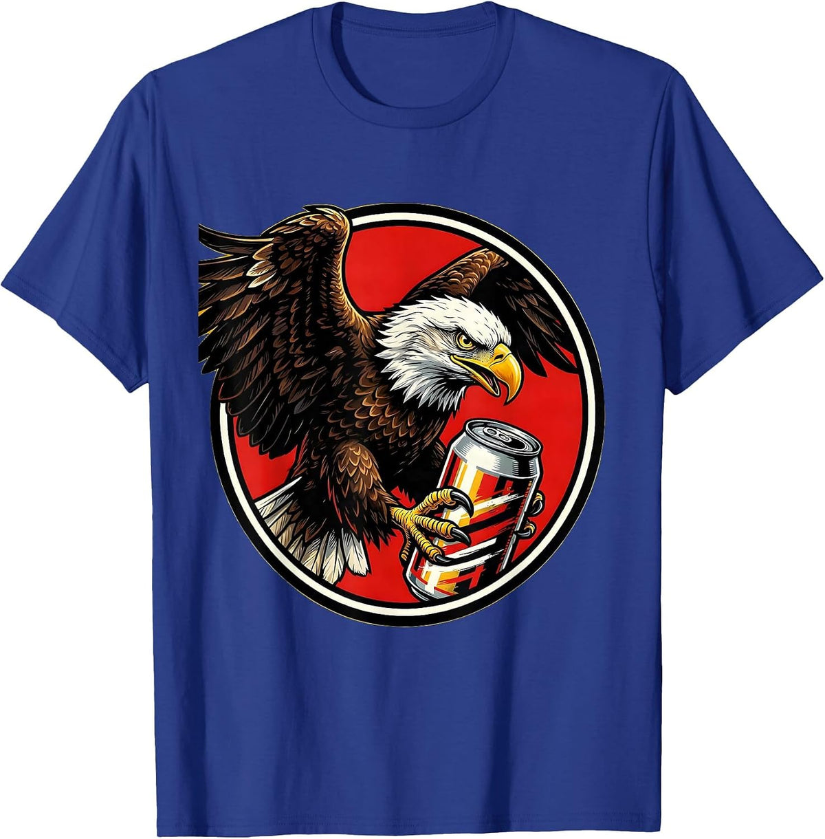 Men's Bald Eagle Clutching Beer Can Patriotic Design T-Shirt - Royal Blue