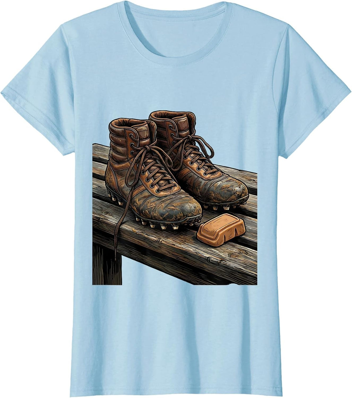 Rugby Boots and Gumshield Wooden Bench Illustration T-Shirt - Baby Blue