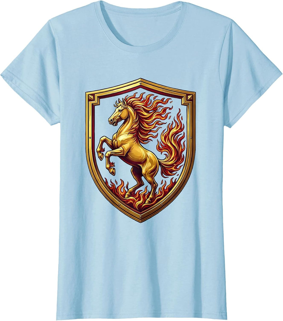 Flaming Galloping Horse With Fire Mane Art T-Shirt - Baby Blue
