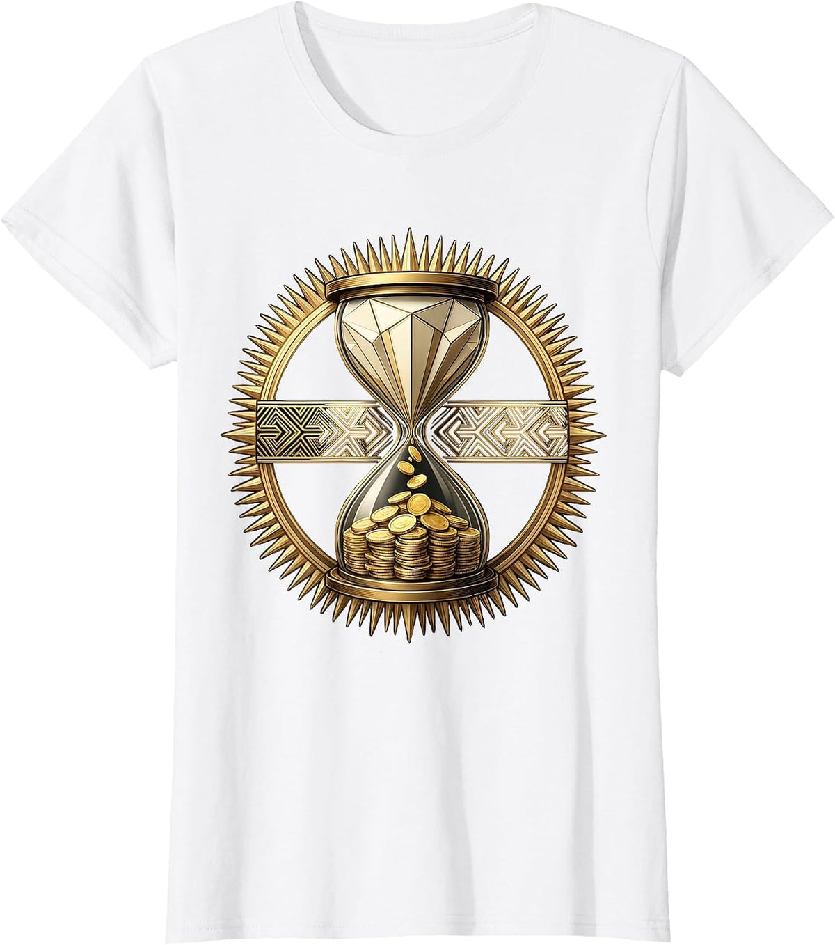 Black and Gold Hourglass Falling Coins Graphic T-Shirt - White