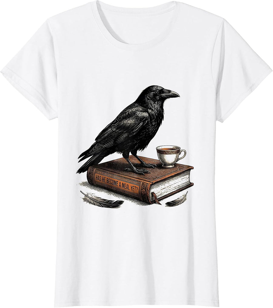 Women's Has He Become A Meal Yet Dark Humor Gothic Crow Raven Bird T-Shirt - White