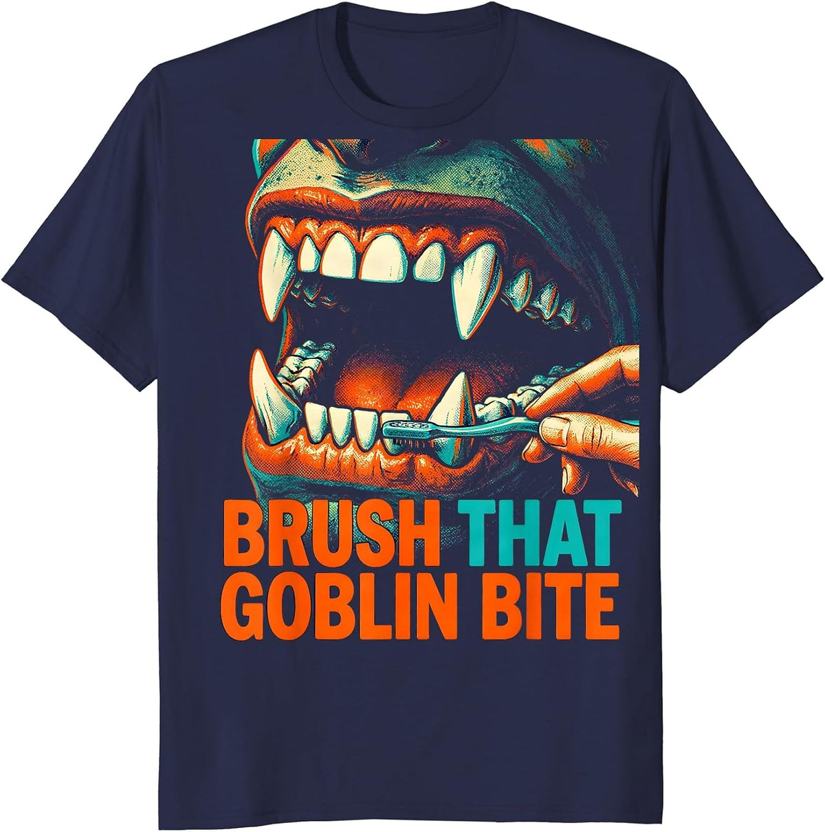 Brush That Goblin Bite Risograph Dental Hygienist Halloween T-Shirt - Navy Blue