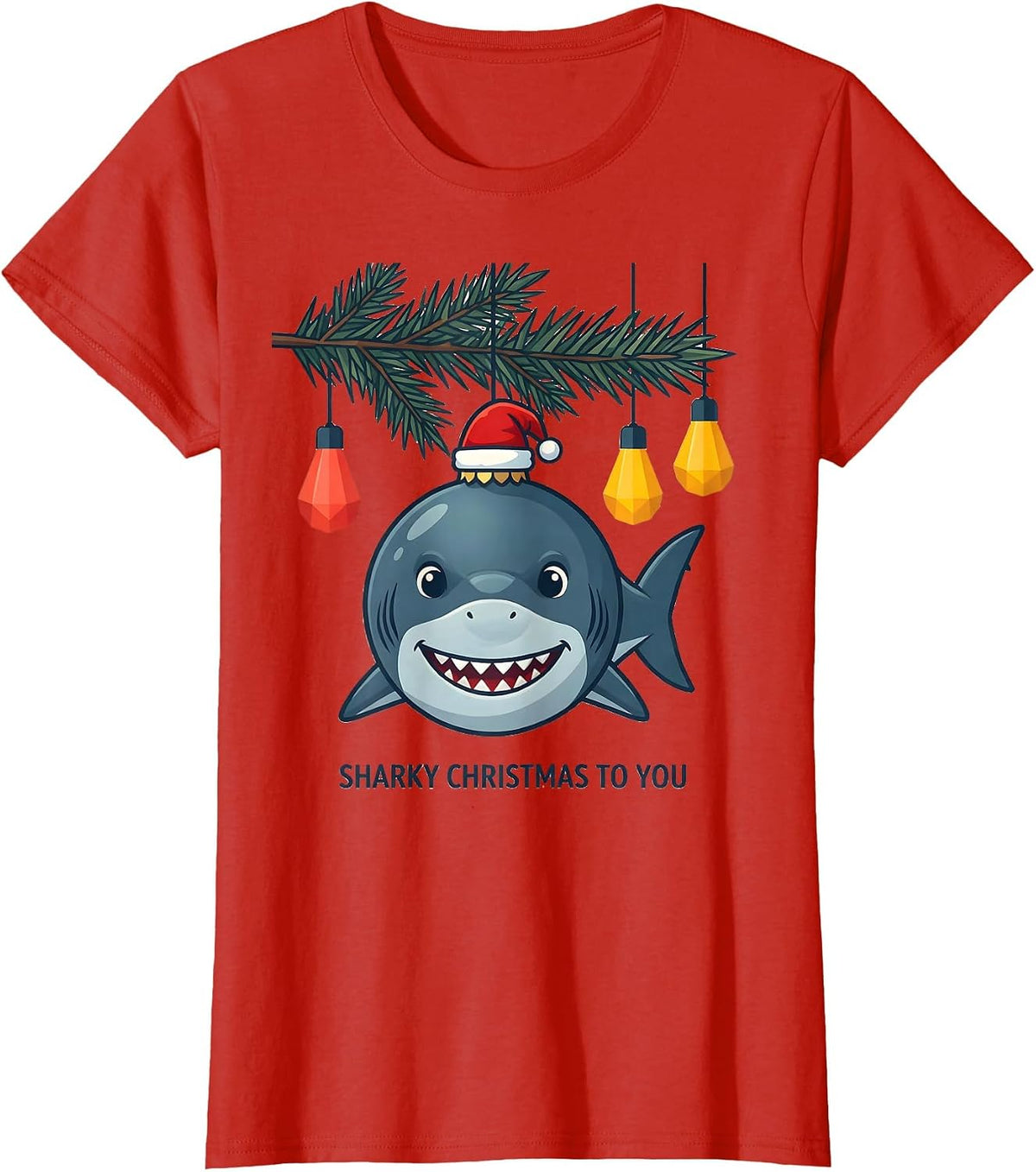 Sharky Christmas To You Funny Shark Santa Hat Christmas T-Shirt - Red