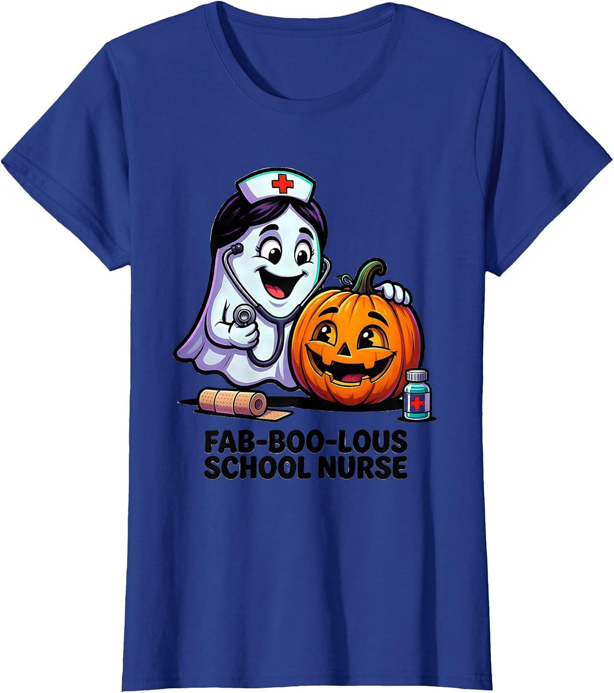 Women's Fab-Boo-Lous School Nurse Cartoon Ghost Halloween Costume T-Shirt - Royal Blue