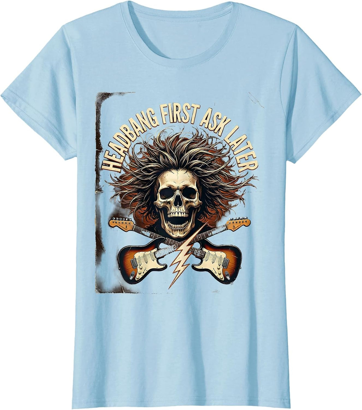 Women's Headbang First Ask Later 90s Rock Band Design T-Shirt - Baby Blue