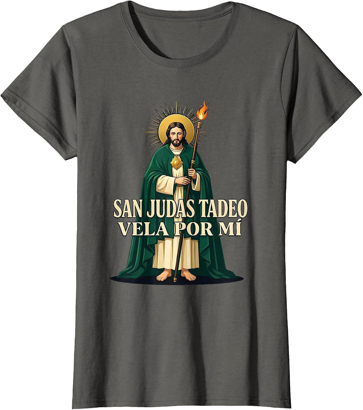 Women's San Judas Tadeo Vela Por Mí Faith Spanish Catholic T-Shirt - Asphalt Grey
