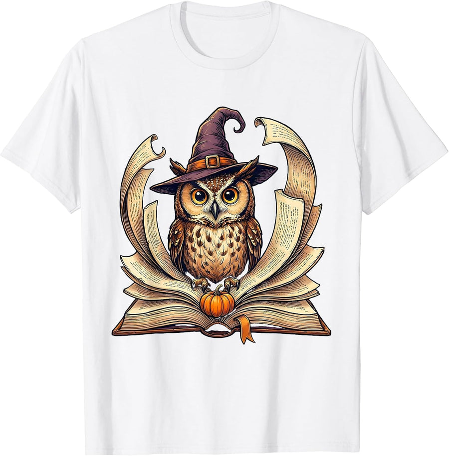 Men's Wide-Eyed Owl Witch Hat Bookworm Halloween Reader Humor T-Shirt - White