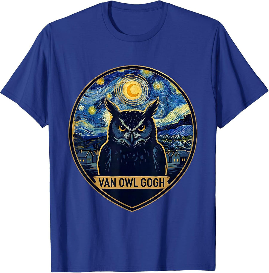 Van Owl Gogh Whimsical Art Meme Owl Lover Gift T-Shirt - Royal Blue