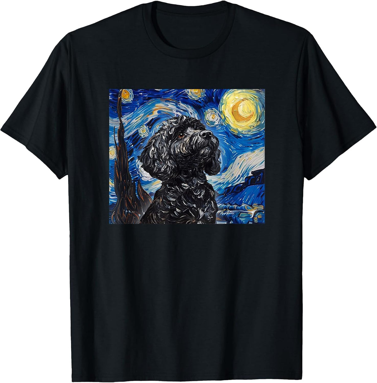 Cute Illustration Painting Starry Night Black Cockapoo Lover T-Shirt - Black