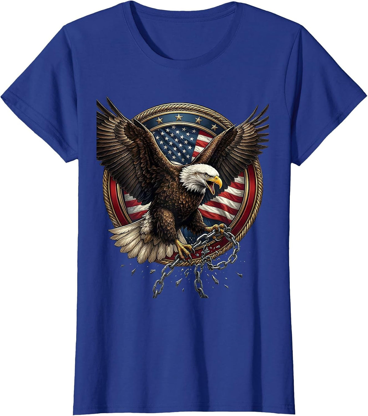 Women's Bald Eagle Breaking Chains Freedom Graphic T-Shirt - Royal Blue