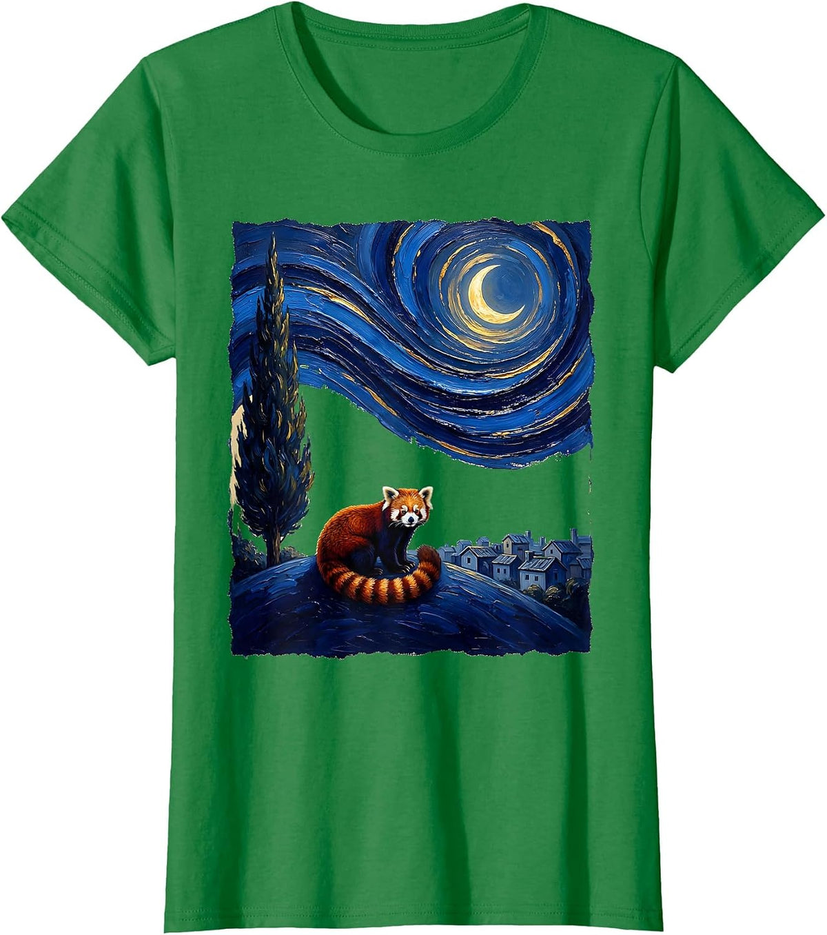 Women's Red Panda Starry Night Van Gogh Animal Lover Art T-Shirt - Kelly Green