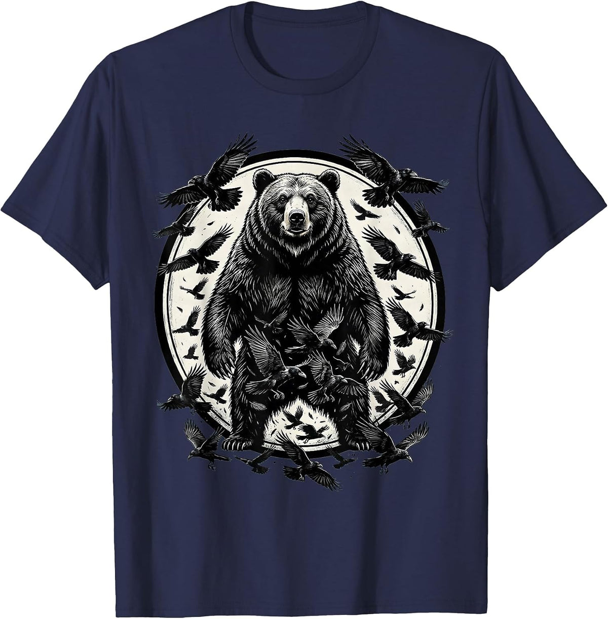 Men's Bear Dissolving Into Ravens Dark Nature Art T-Shirt - Navy Blue