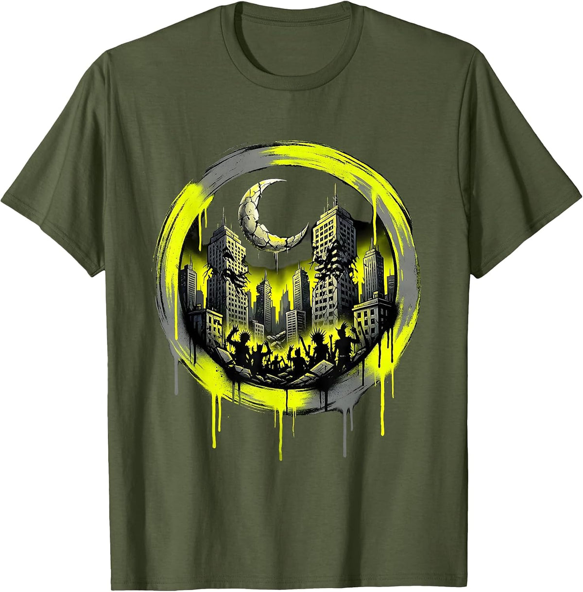 Punk Crumbling City Skyline Midnight Graphic T-Shirt - Olive Green