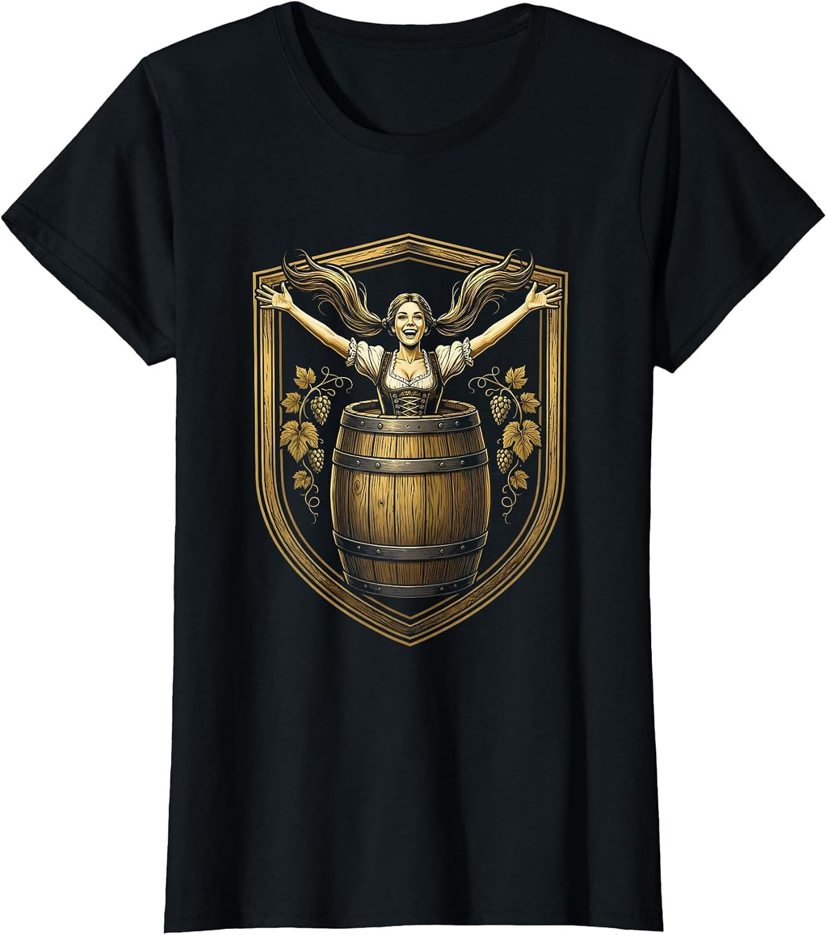Oktoberfest Beer Barrel Pigtails Funny Illustration T-Shirt - Black