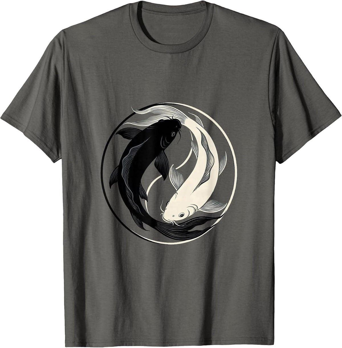 Yin Yang Koi Fish Circling Harmony Design T-Shirt - Asphalt Grey