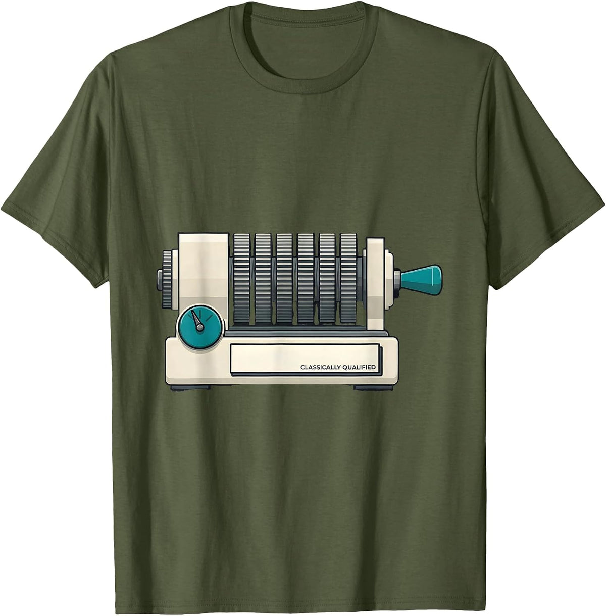 Men's Classically Qualified Retro Mechanical Analog Calculator T-Shirt - Olive Green