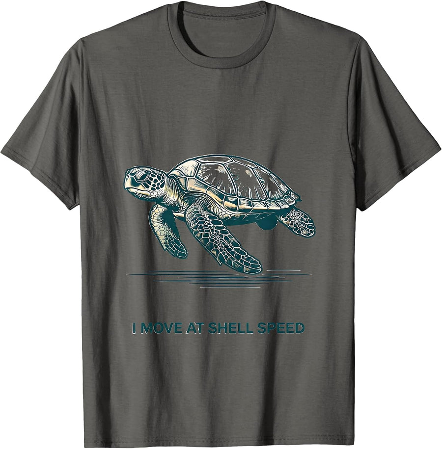 I Move At Shell Speed Line Art Sea Turtle Ocean Animal Lover T-Shirt - Asphalt Grey