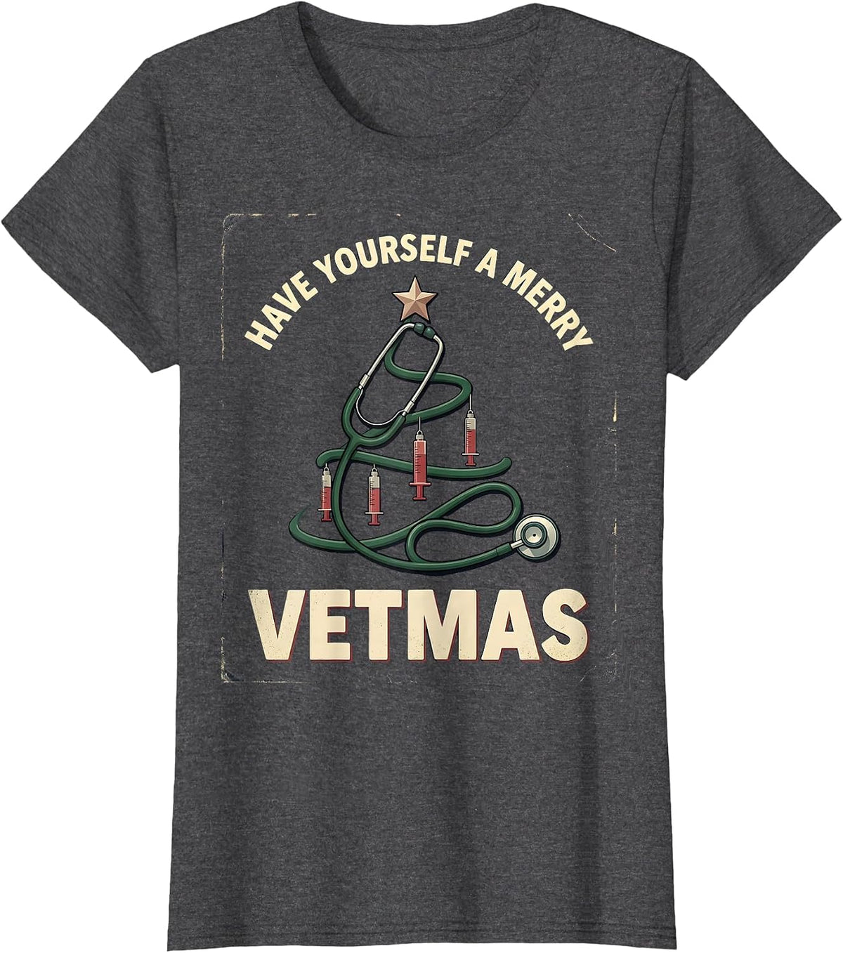 Women's Have Yourself A Merry Vetmas Vintage Funny Vet Tech T-Shirt - Dark Heather Grey