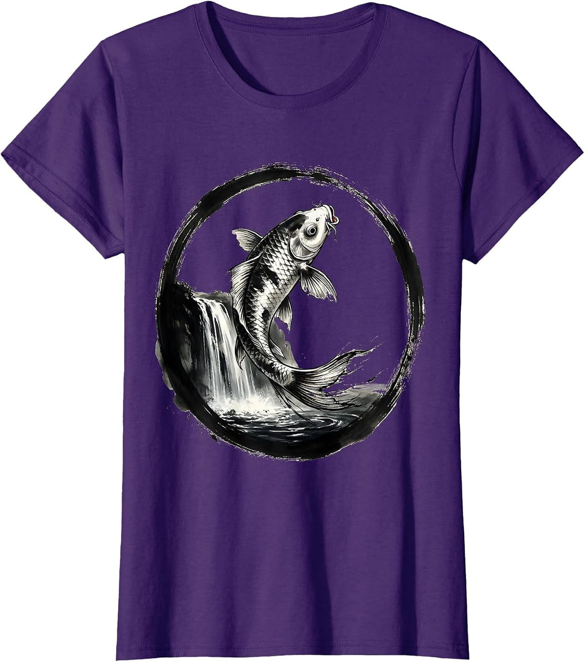 Women's White Koi Fish Leaping Waterfall Freedom Design T-Shirt - Purple