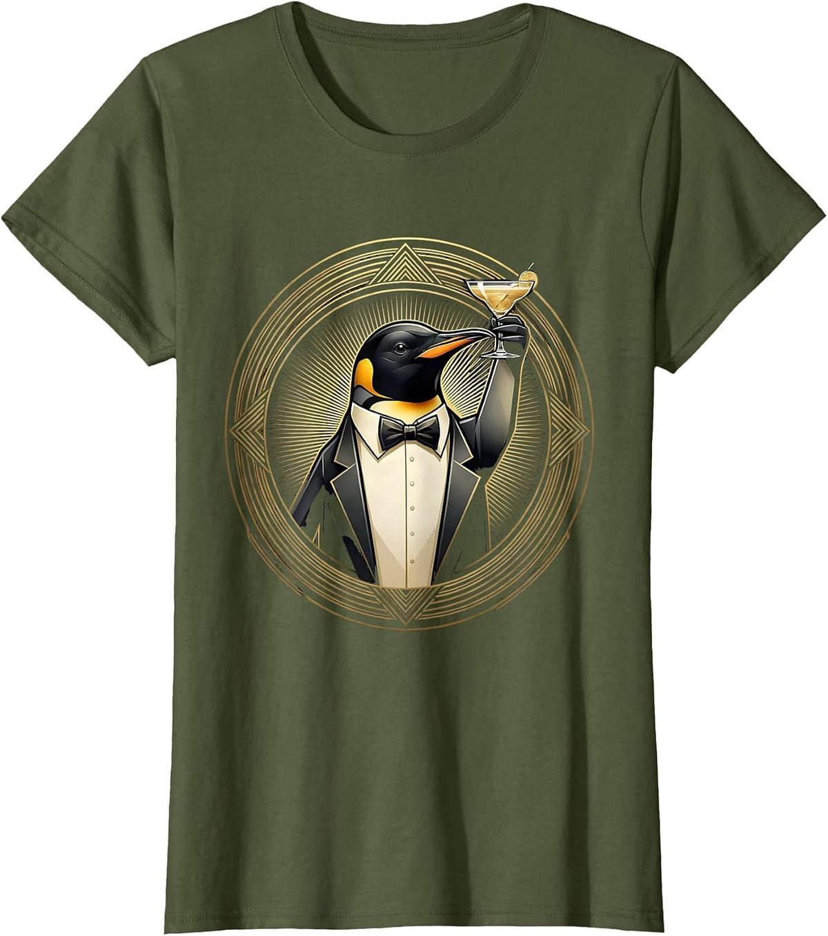 Women's Dapper Penguin Tuxedo Cocktail Party Graphic T-Shirt - Olive Green