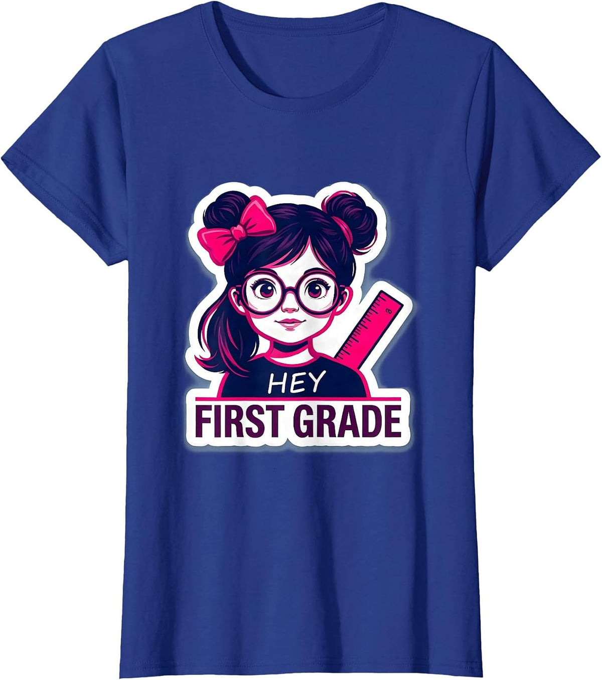 Women's Hey, First Grade Cute Messy Bun Back To School Girl T-Shirt - Royal Blue
