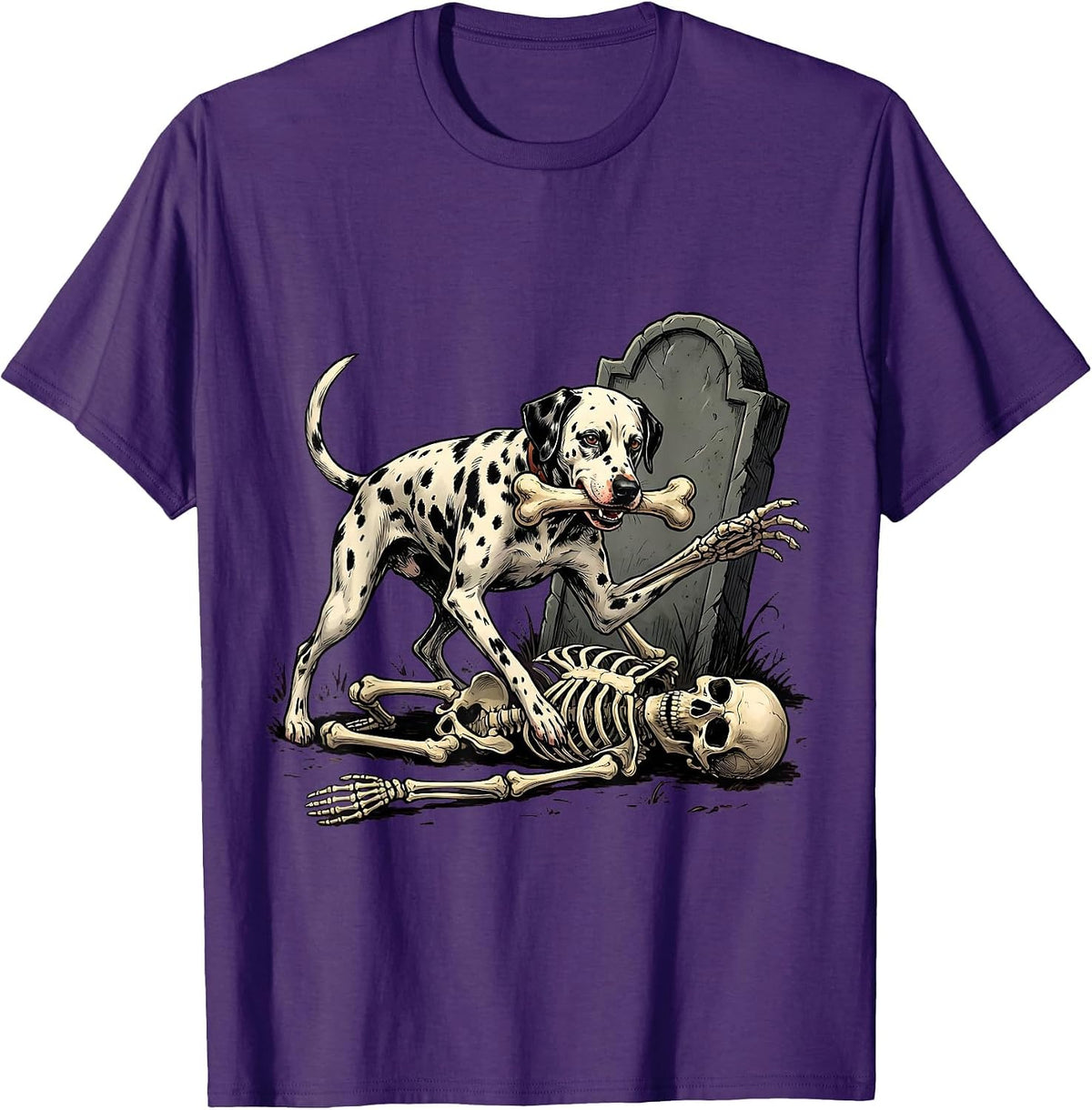 Spotted Dalmatian Chasing Skeleton Funny Dog Mom Halloween T-Shirt - Purple