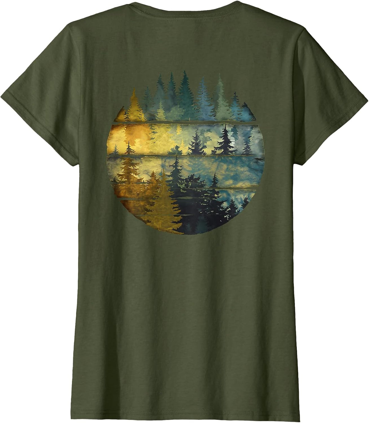 On Back Trees Mountains Adventure Wildlife Watercolor Forest T-Shirt - Olive Green