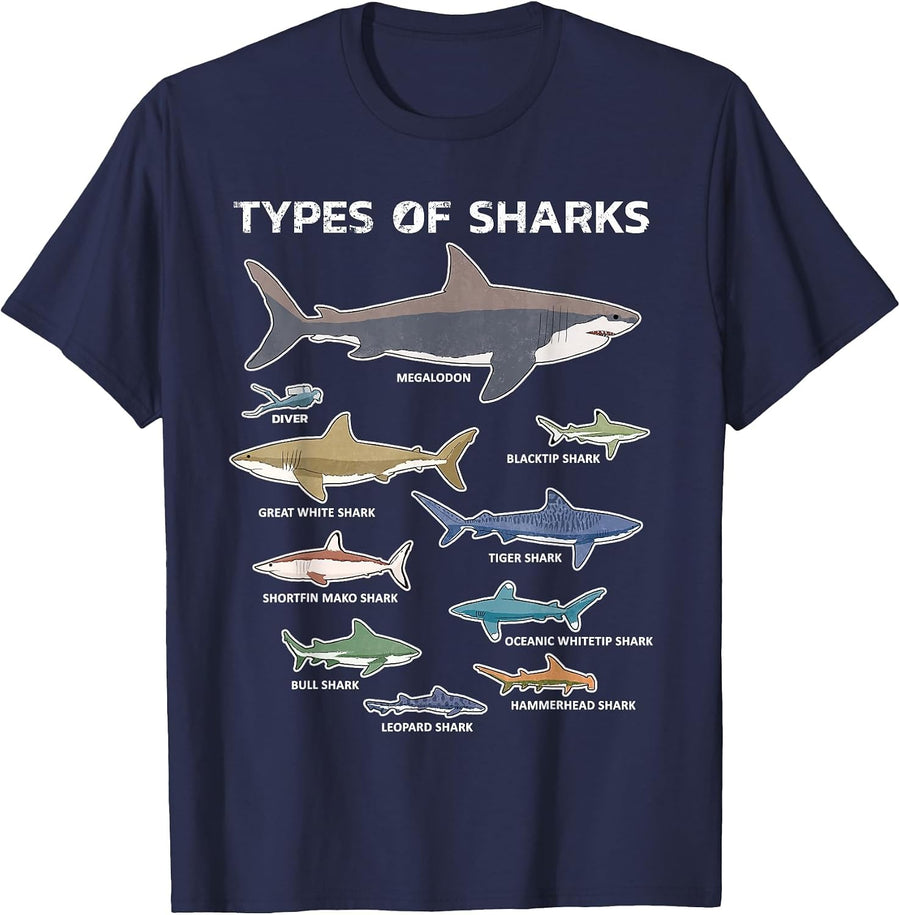 9 Types of Sharks T-Shirt Educational Colorful Ocean Tee T-Shirt - Navy Blue