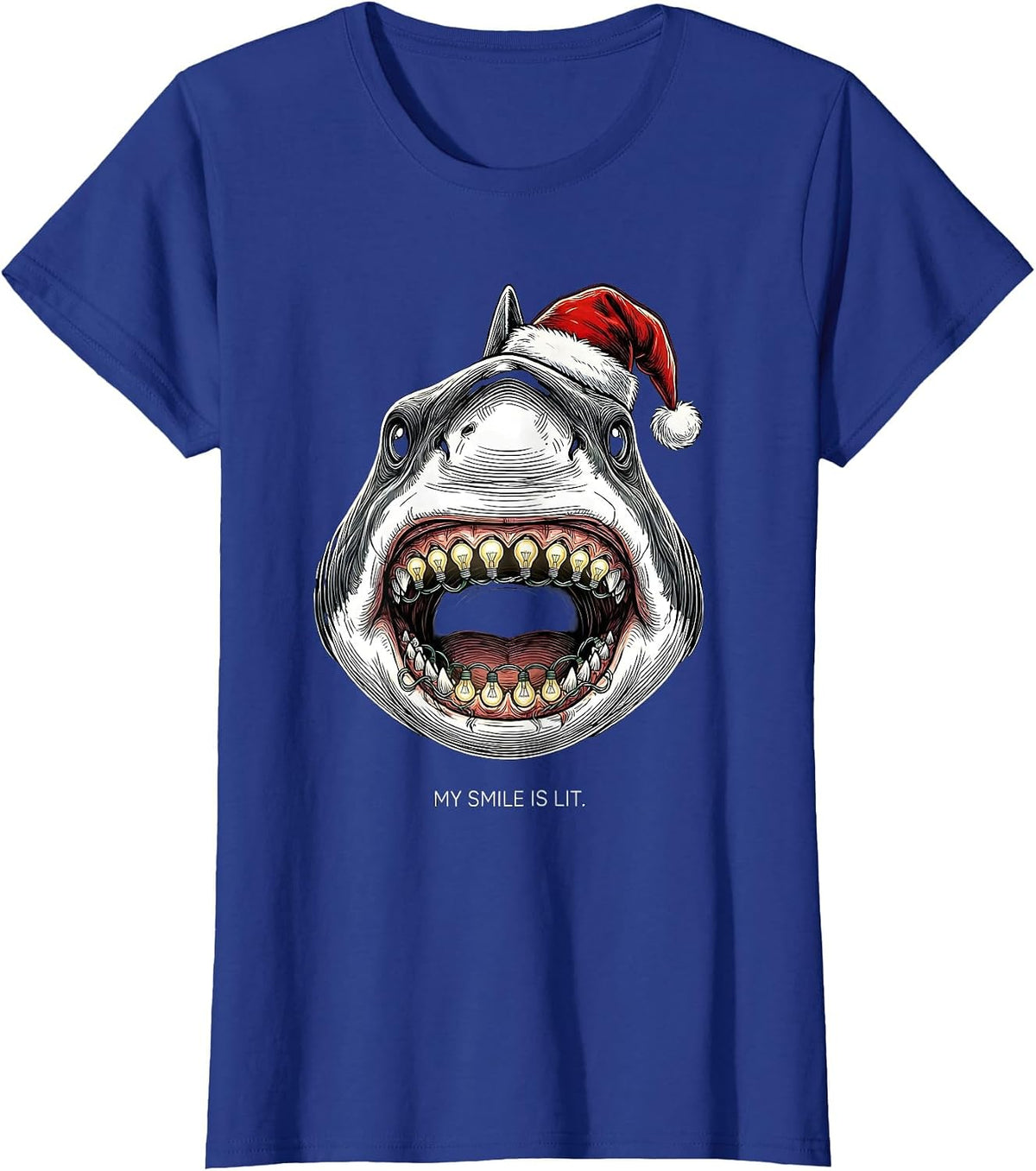 Women's My Smile Is Lit Funny Shark Santa Hat Christmas Lights Humor T-Shirt - Royal Blue