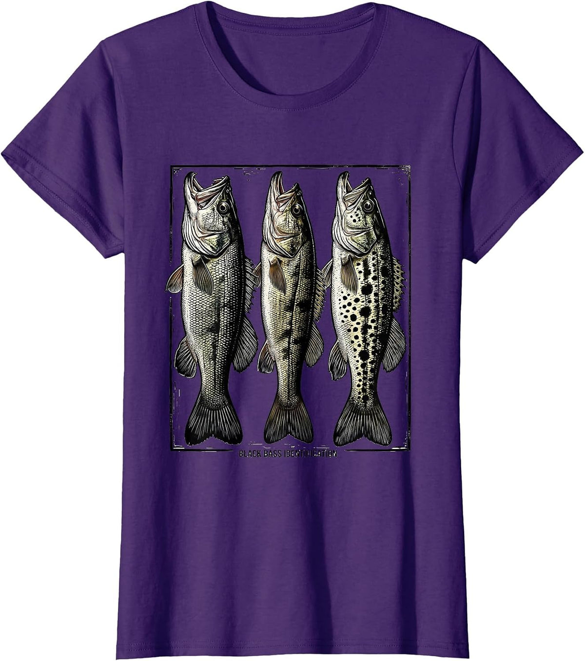 Women's Black Bass Identification Woodcut Engraving Fishing Chart T-Shirt - Purple