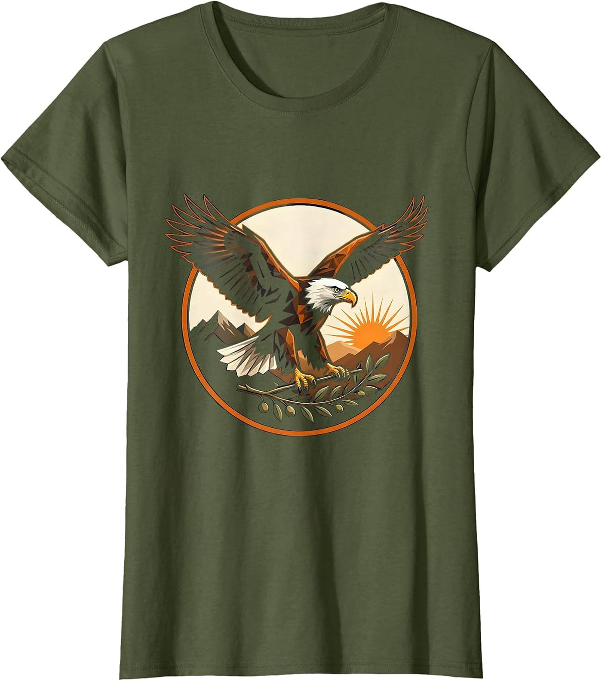 Women's Bald Eagle Olive Branch God Family Country Design T-Shirt - Olive Green