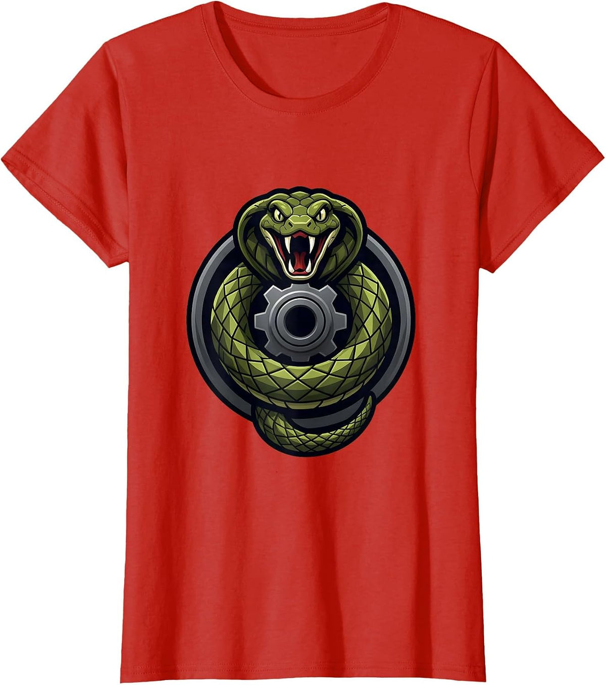 Snake Coiled Around Gear Shaft Mechanic Design T-Shirt - Red