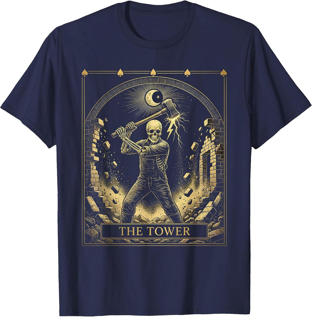 Men's The Tower Mystic Celestial Tarot Card Skeleton Demolition T-Shirt - Navy Blue