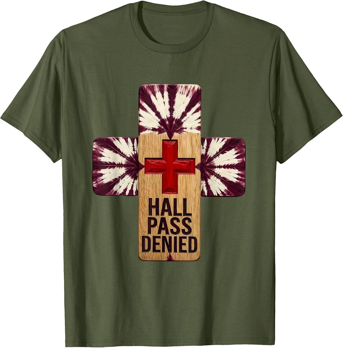 Men's Hall Pass Denied School Nurse Graphic Design T-Shirt - Olive Green