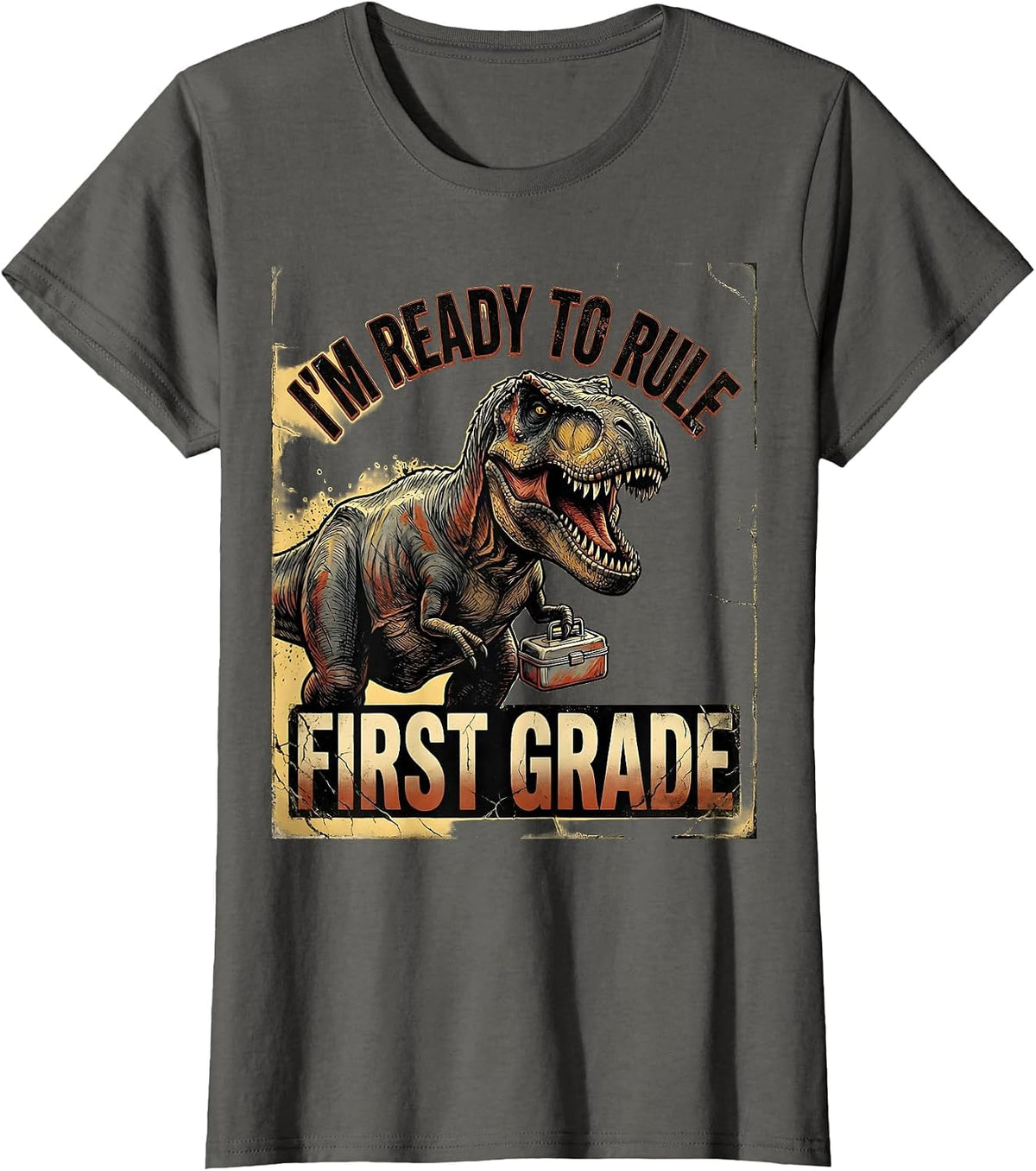 Women's I'm Ready To Rule First Grade Distressed Dinosaur Back T-Shirt - Asphalt Grey